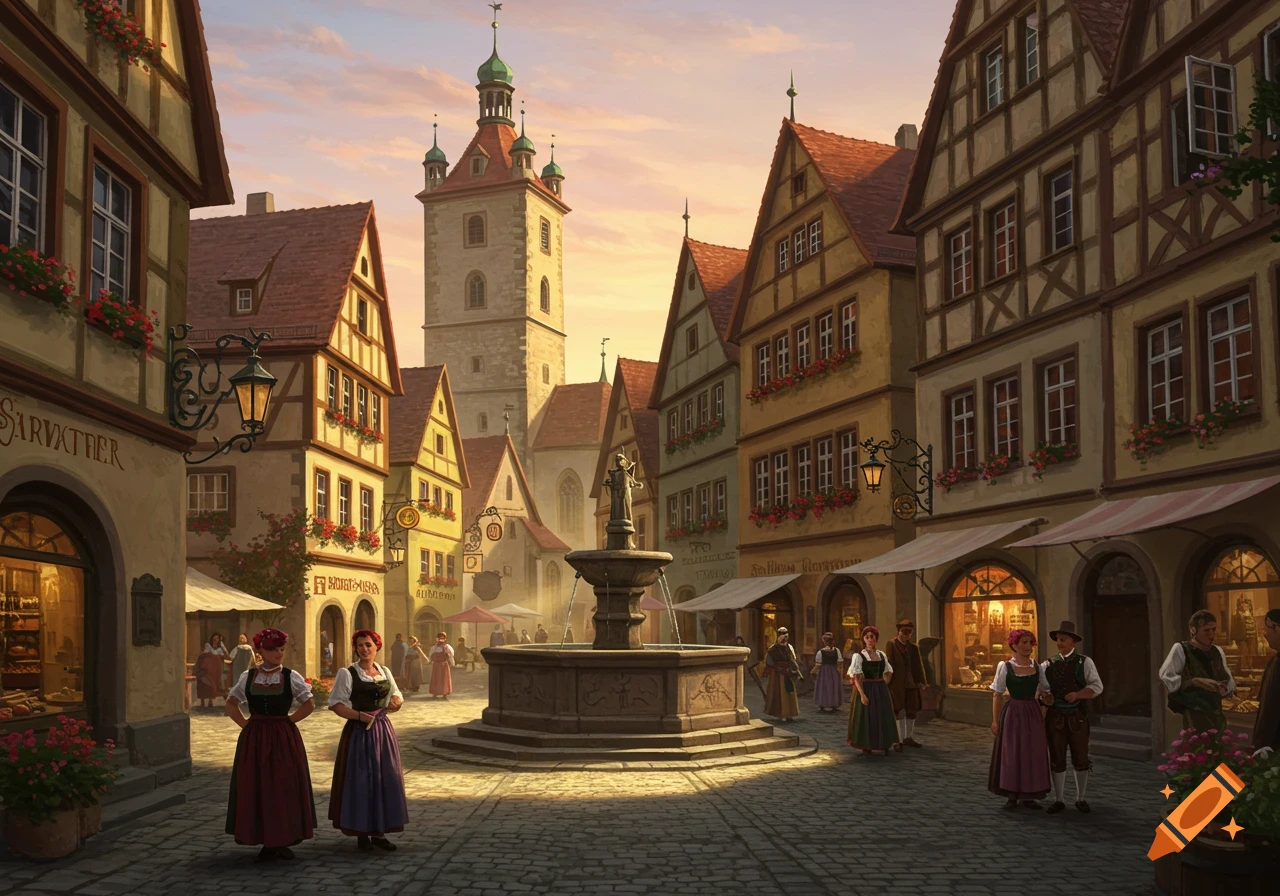 Digital painting of a medieval European town square at sunset with half-timbered buildings, a fountain, and people in traditional clothing.