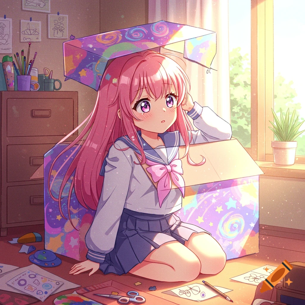 Pink-haired anime girl in a sailor uniform sits inside a colorful cardboard box surrounded by art supplies in a sunlit room.