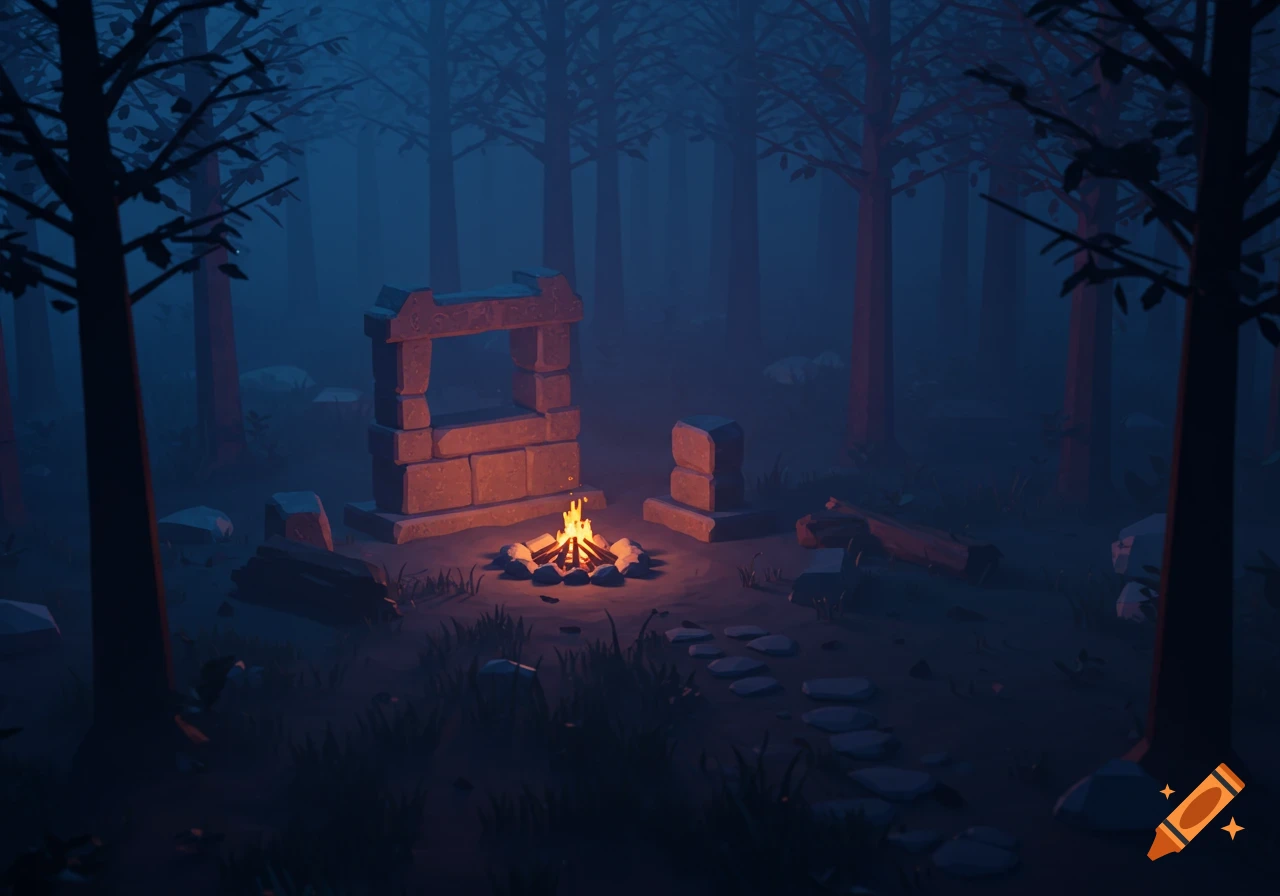 A low-poly ancient stone altar and a campfire in a dark, misty forest at night, retro 3D game style.