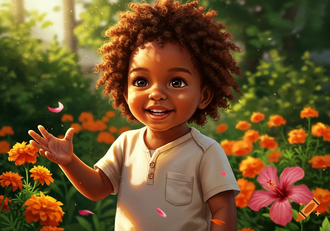 Smiling toddler with curly hair reaching out in a sunny garden with orange and pink flowers, illustrative style.