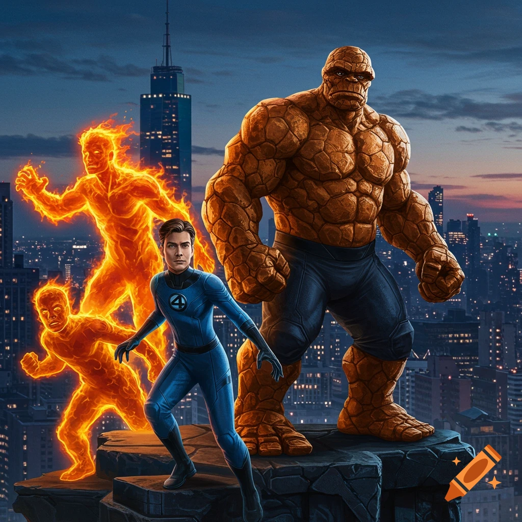 The Fantastic Four superheroes, including The Thing, Mr. Fantastic, and Human Torch figures, stand on a city rooftop at dusk in comic art style.