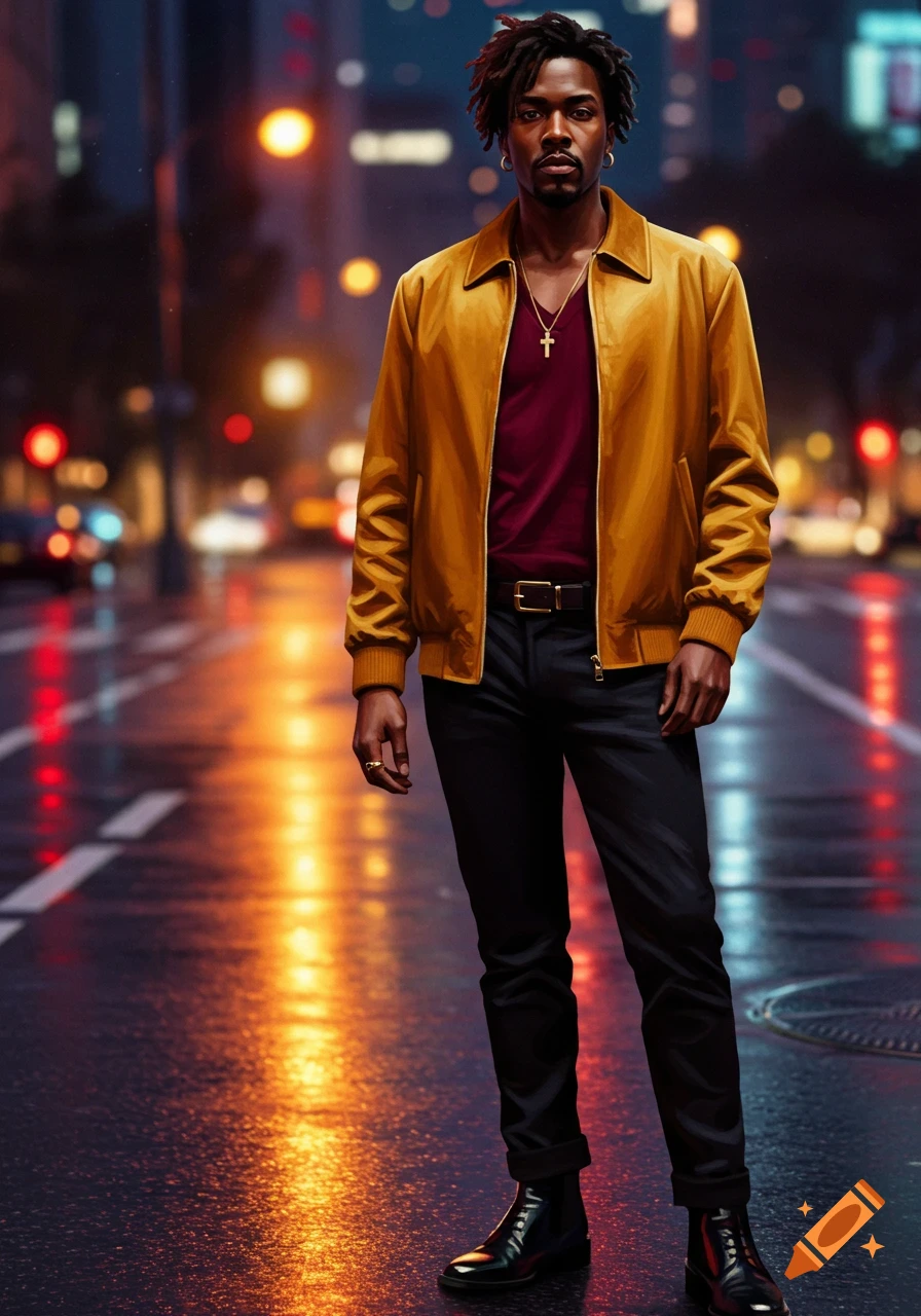A man in a marigold jacket, maroon shirt, and black jeans stands on a wet city street at night with blurred lights.
