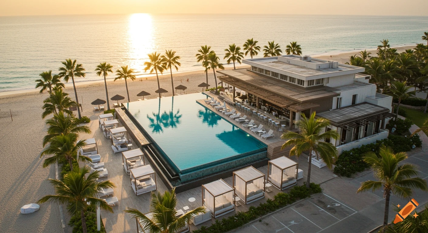 Aerial view of a luxurious beach resort with an infinity pool, palm trees, and a sandy beach at sunset.