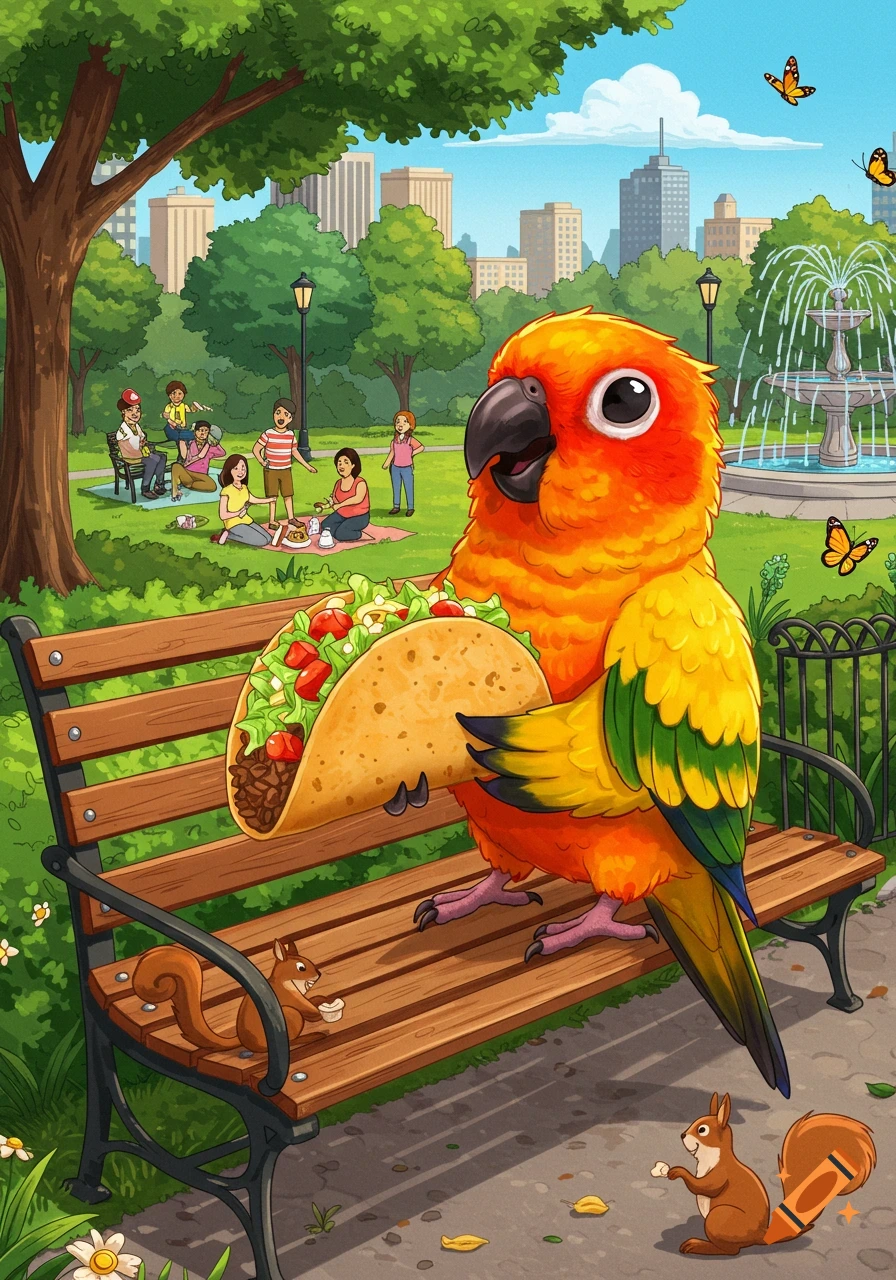 Cartoon sun conure parrot sitting on a park bench holding a taco, with squirrels, people, and a city fountain in the background.