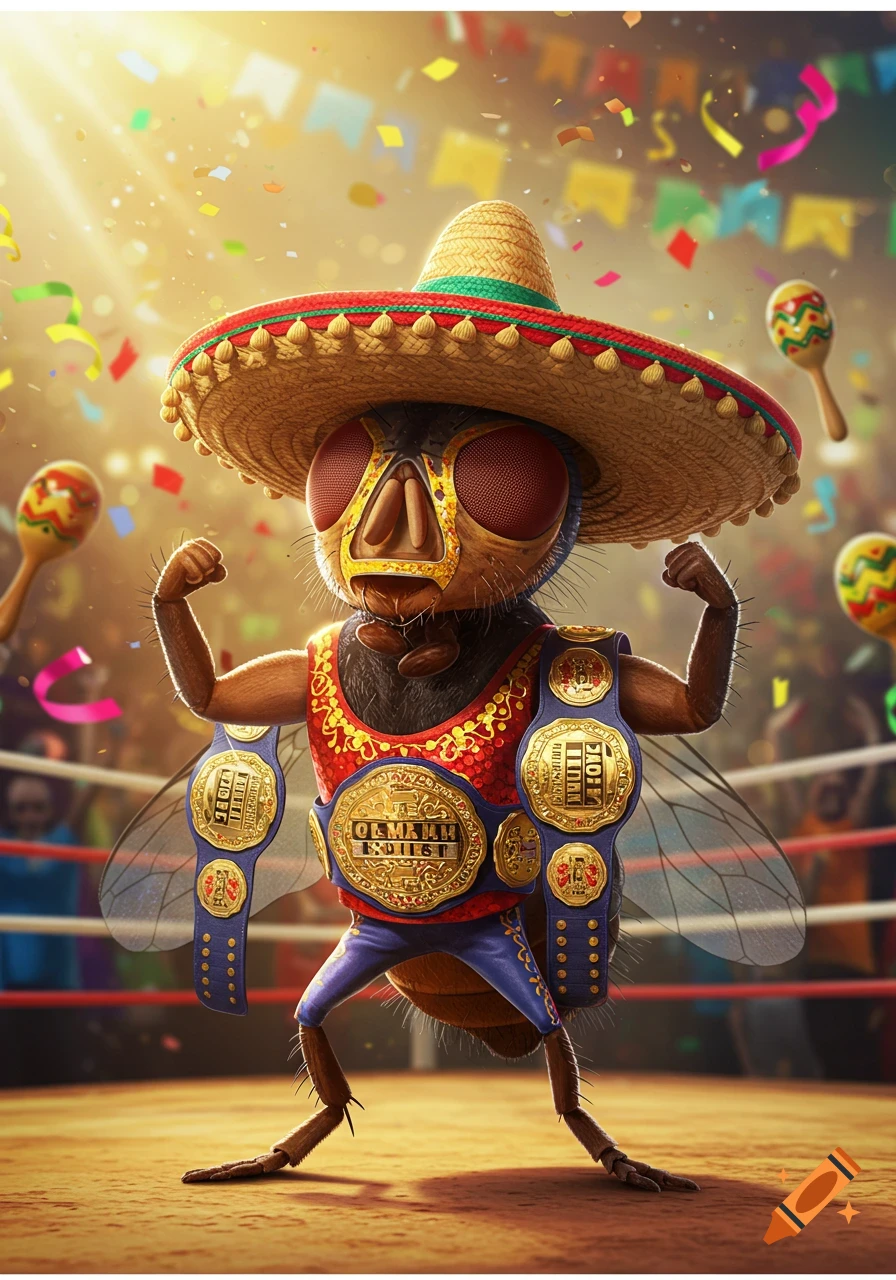 A fly dressed as a wrestler with a sombrero and championship belts, standing in a boxing ring with confetti falling.