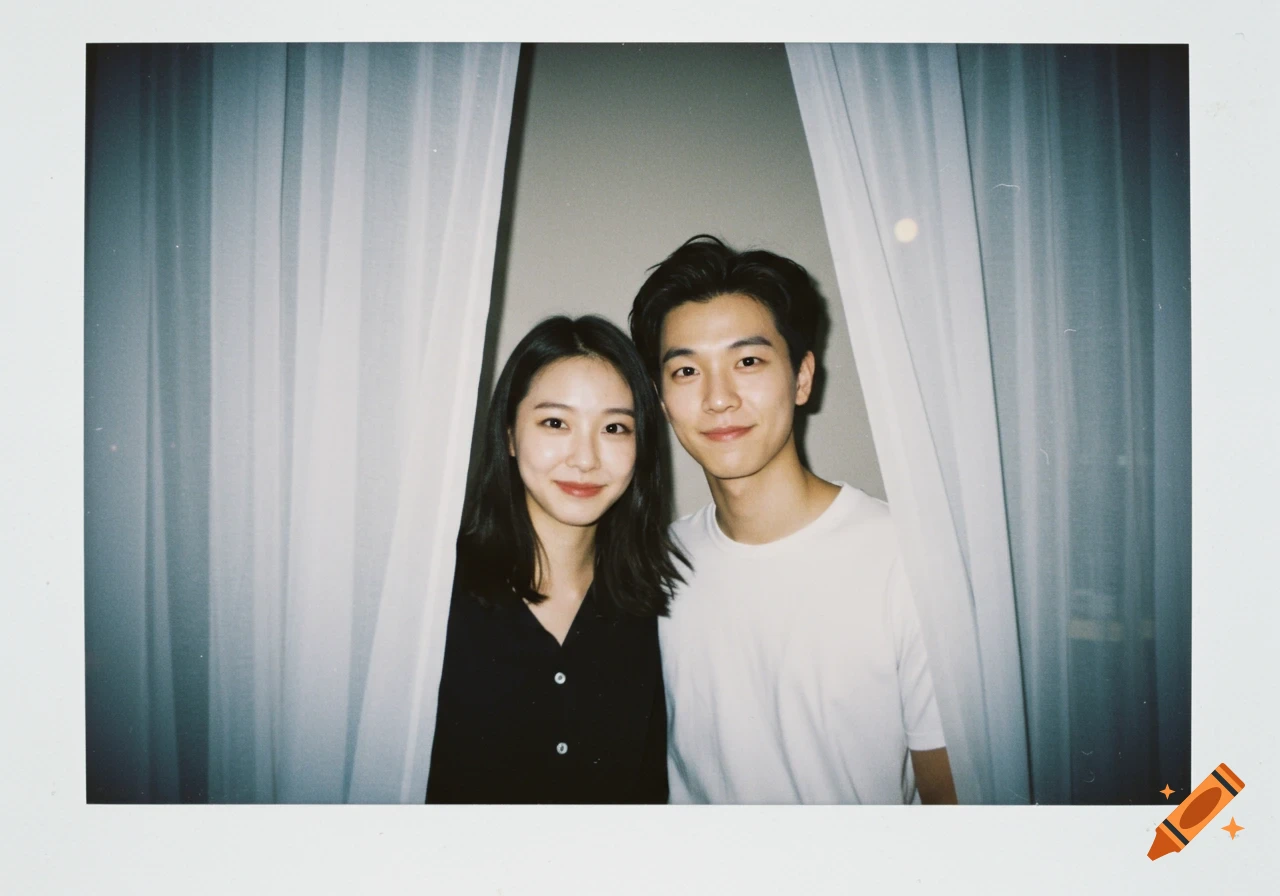 A smiling young Asian man and woman peek from behind white curtains in a polaroid-style photo.