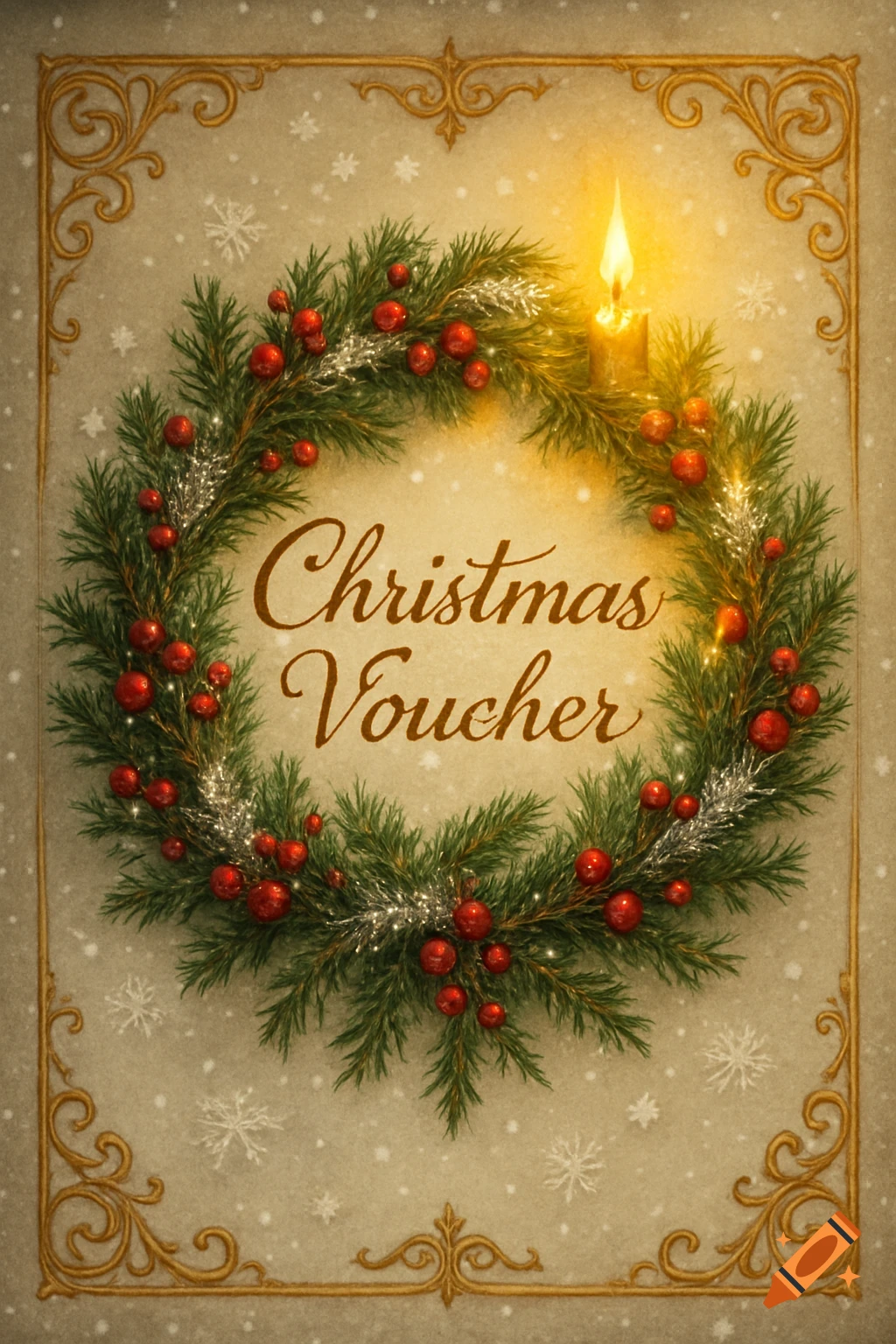 Vintage-style Christmas voucher featuring a festive wreath with red berries, silver tinsel, a lit candle, and "Christmas Voucher" text.