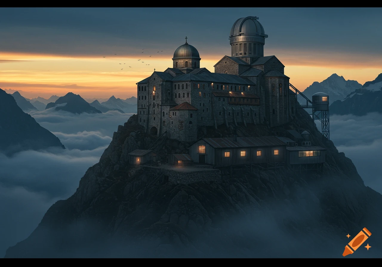 A grand stone monastery and observatory sit atop a jagged mountain peak, shrouded in mist, beneath a sunset sky. Lights glow in its windows.