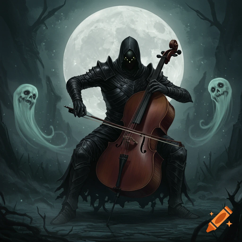 A dark armored figure playing a cello under a full moon in a spooky forest with two ghostly skulls.