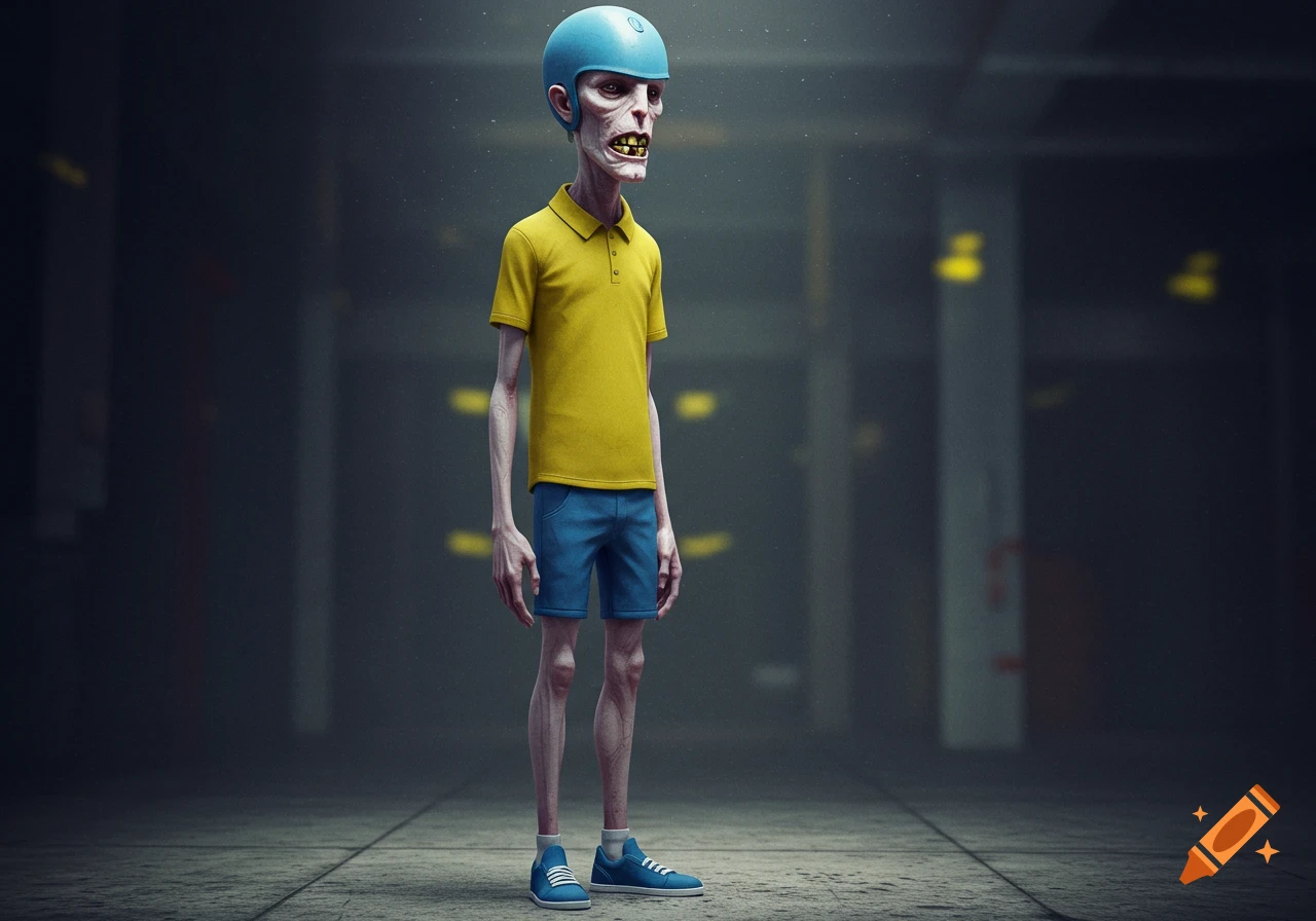 A grotesque, emaciated character with gray skin, a blue helmet, yellow shirt, and blue shorts stands in a dark, stylized setting.