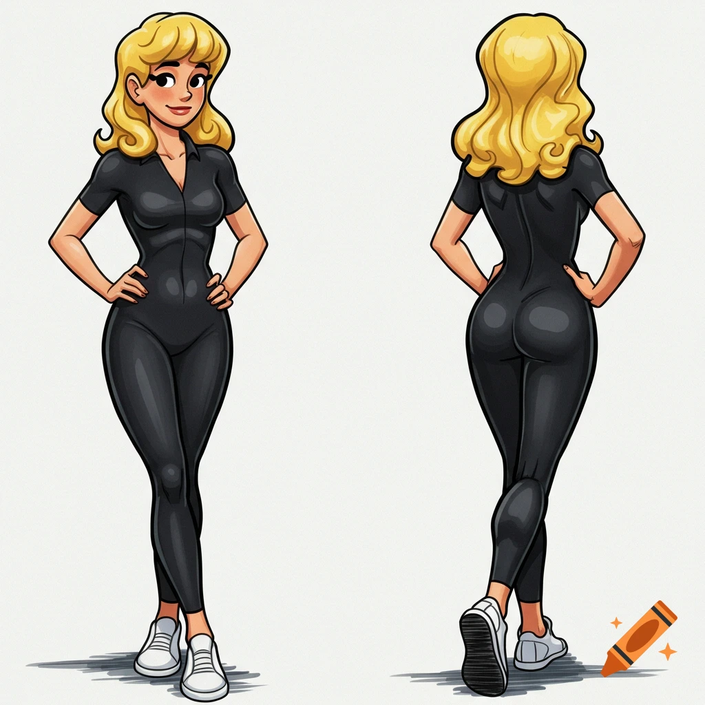 Cartoon woman in a tight black short-sleeve jumpsuit and white sneakers, shown from front and back.
