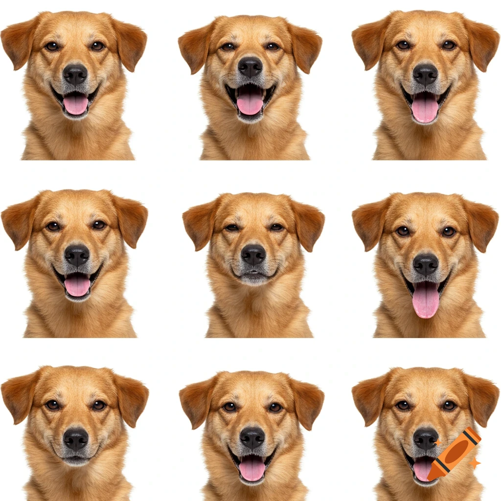 A 3x3 photo collage showing nine headshots of the same golden-brown dog with various happy expressions on a white background.