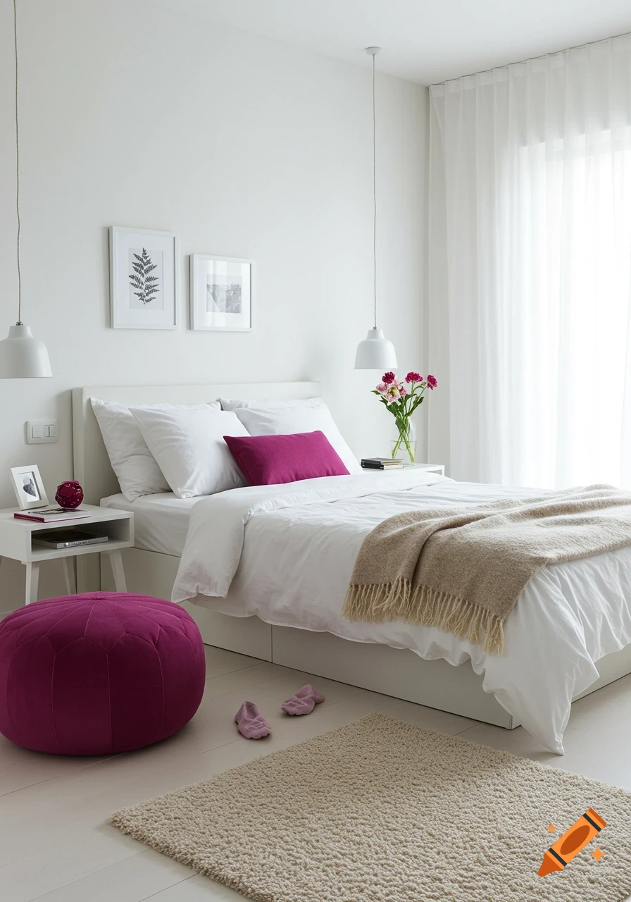 Bright, minimalist bedroom with white walls, a bed with white bedding, a fuchsia pillow, a beige throw, a fuchsia ottoman, and a beige rug.