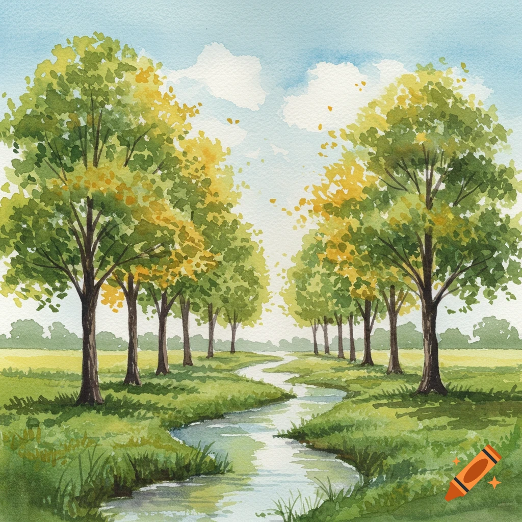 Watercolor painting of a winding stream through a green field, lined with trees with green and yellow leaves under a blue sky.