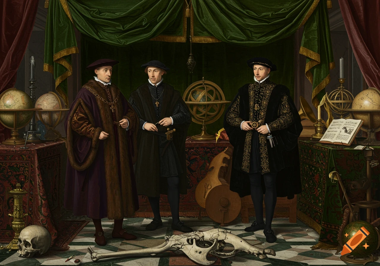 Three men in 16th-century attire stand in a room filled with globes, scientific instruments, and an anamorphic skull on the floor in a detailed Renaissance painting.