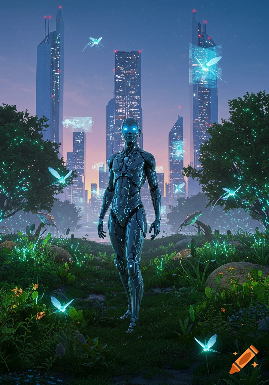 A humanoid robot with glowing blue eyes stands in a lush, glowing forest with futuristic skyscrapers in the background at dusk.
