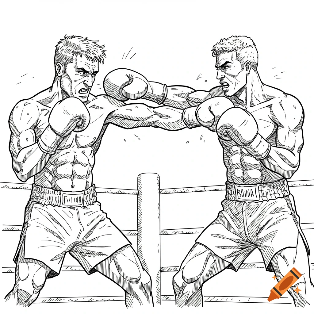 Line art drawing of two muscular male boxers in a ring, one throwing a punch at the other.