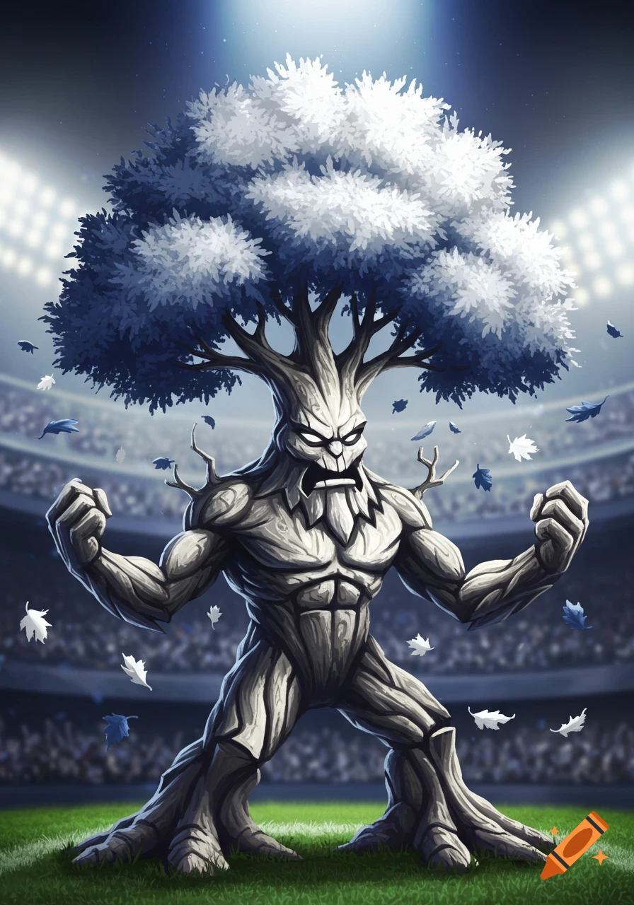 A powerful, angry tree creature mascot with blue and white leaves stands on a football field under stadium lights.