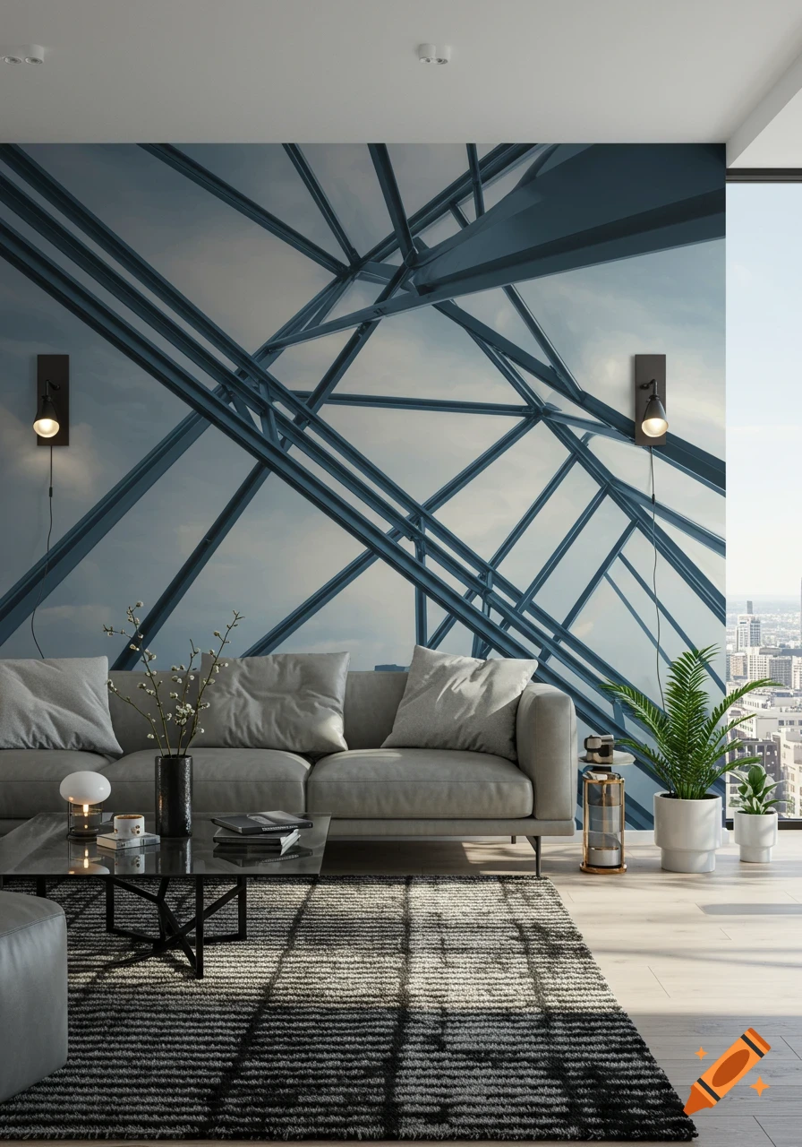 A modern living room with a grey sofa, glass coffee table, and striped rug, featuring a large wall mural of a geometric architectural structure. A city view is visible outside a large window.