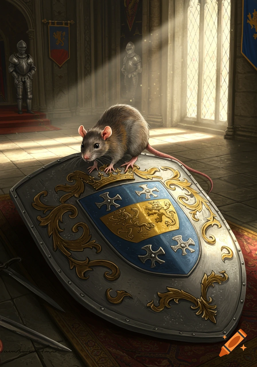 A realistic rat stands on a detailed medieval shield in a sunlit castle hall with suits of armor.