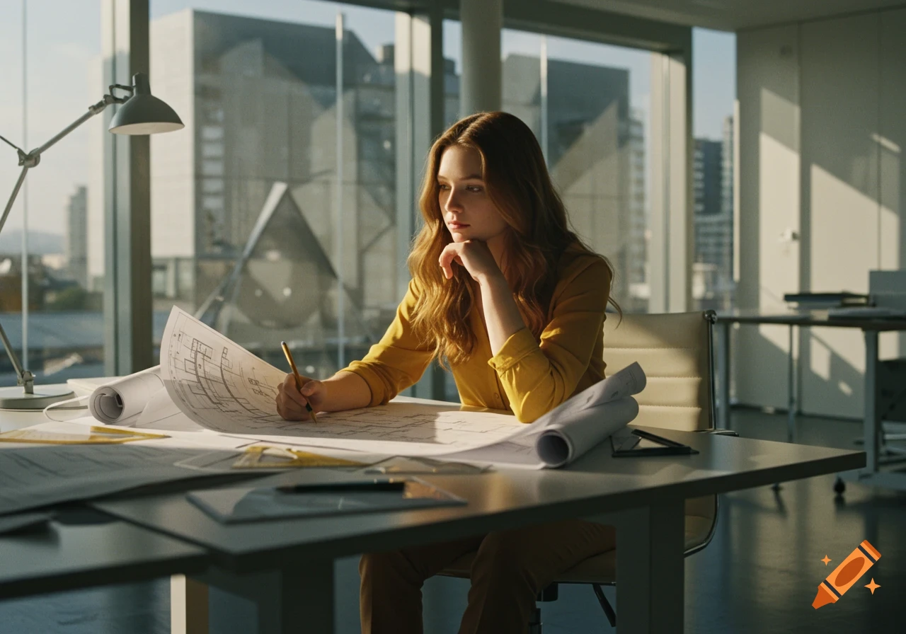 A young woman in a yellow shirt works on architectural blueprints at a desk in a modern office, photorealistic style.
