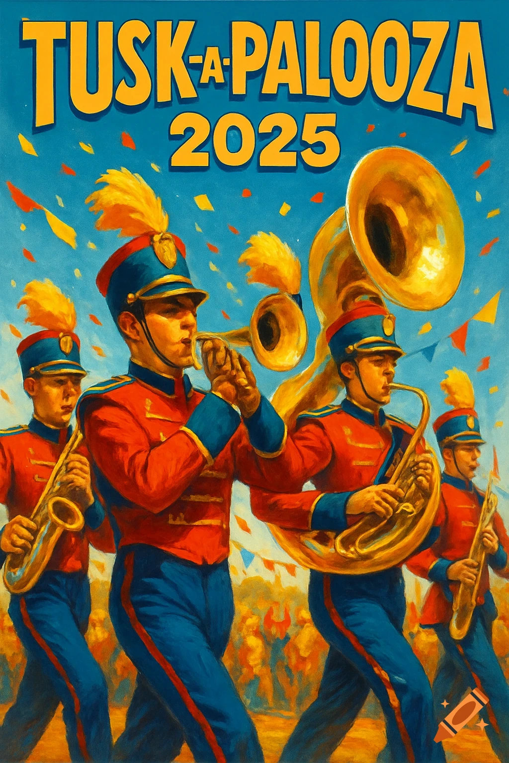 A vibrant, painterly poster for 'TUSK-A-PALOOZA 2025' showing a marching band in red and blue uniforms playing instruments with confetti.