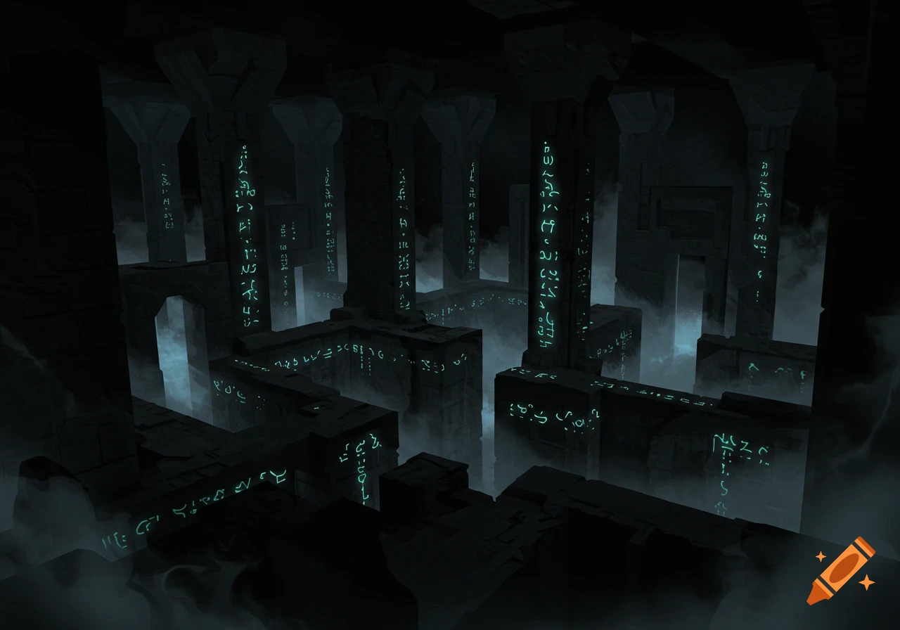 A dark, misty fantasy labyrinth with ancient stone pillars and structures adorned with glowing green runes.
