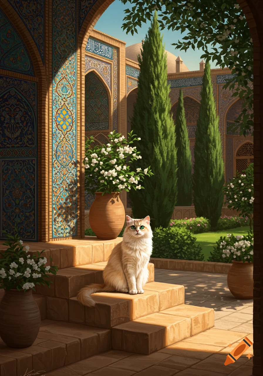 A fluffy ginger cat with green eyes sits on stone steps in front of an ornate Middle Eastern building with intricate blue and gold patterns and tall cypress trees.