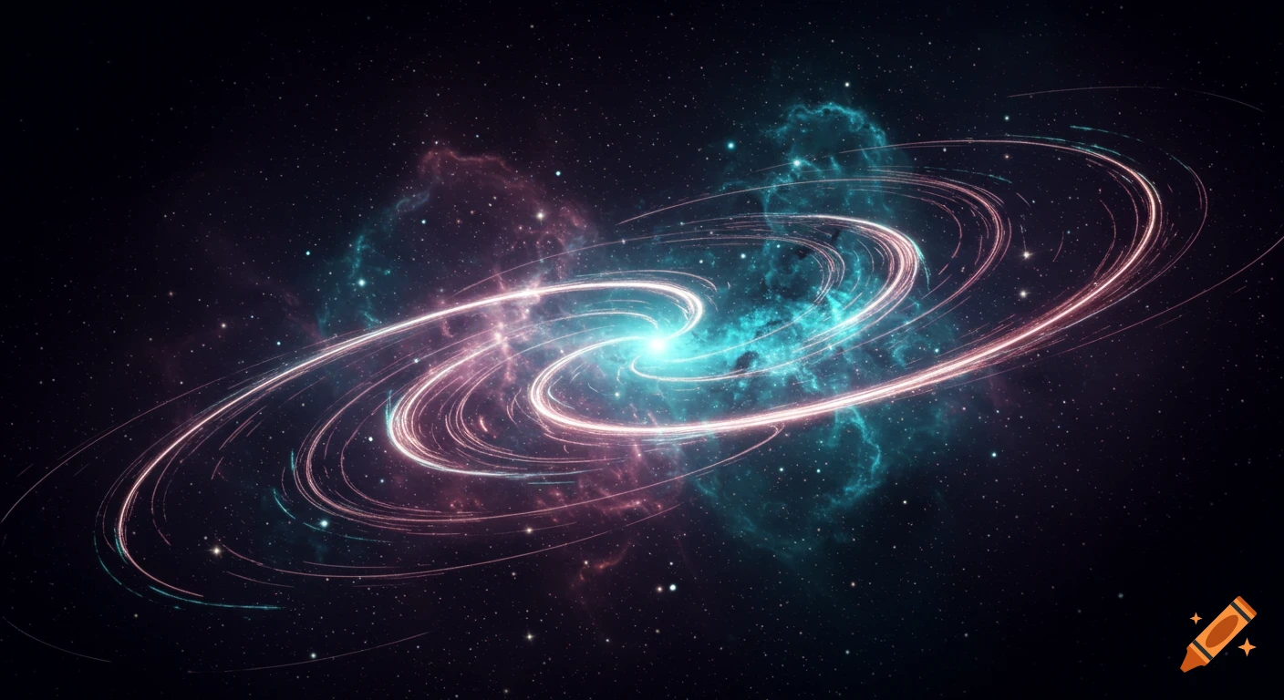 Hyper-realistic glowing pink and teal light trails swirl through deep space, surrounded by nebulae and stars.