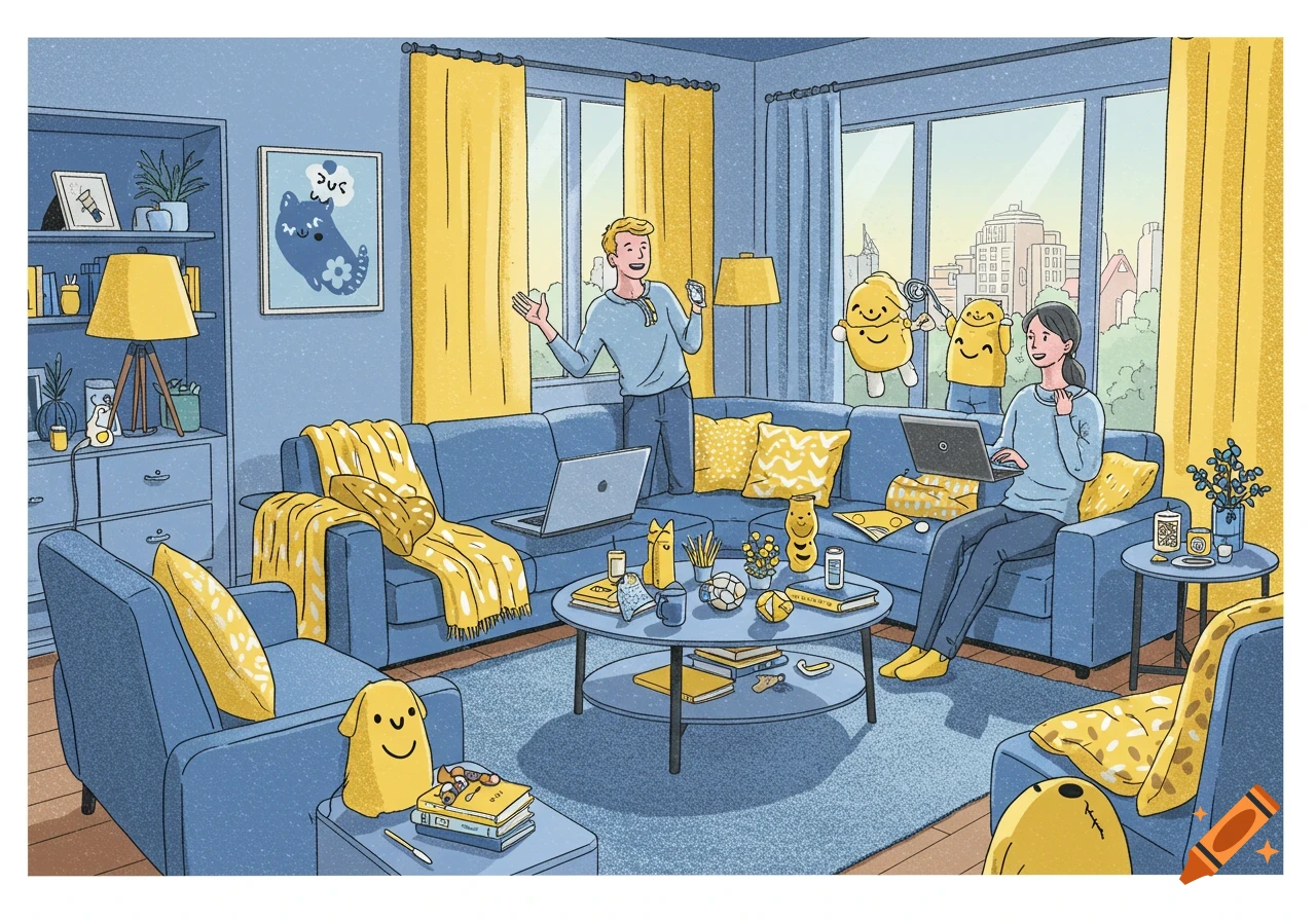 A vibrant blue and yellow cartoon living room with people and cute blob characters, some working on laptops.
