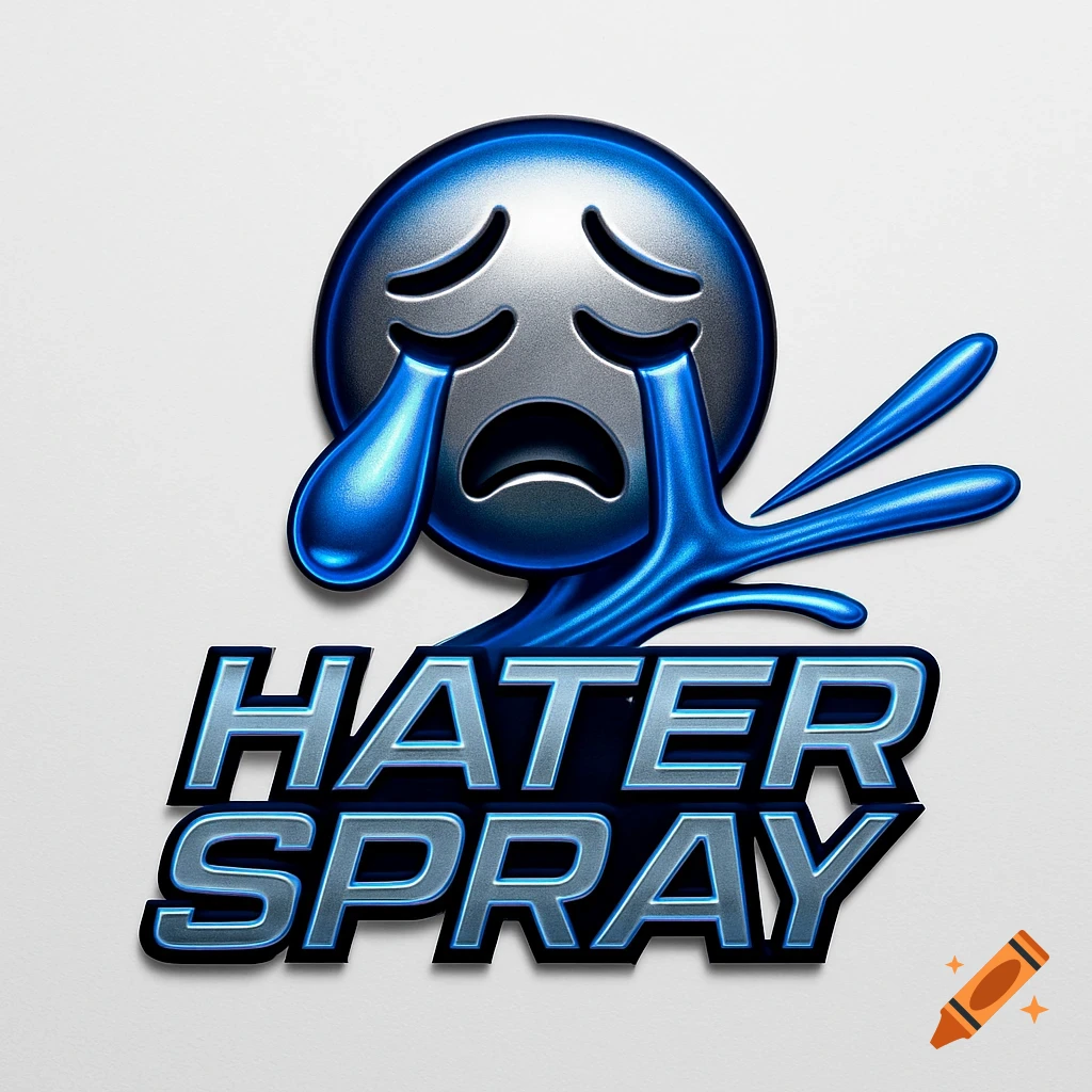 A glossy, metallic logo featuring a crying emoji with blue tears above the words 'HATER SPRAY' in a similar style.