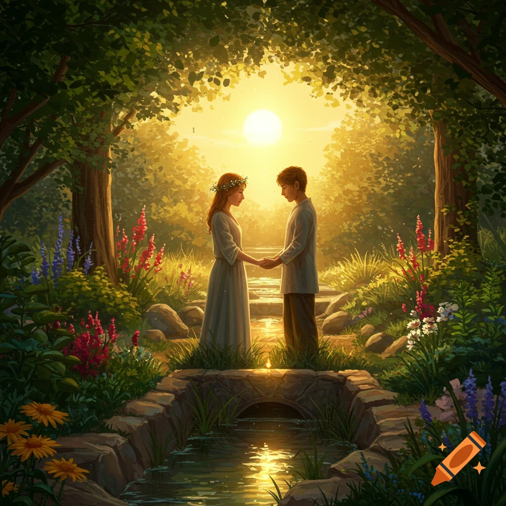 A man and woman hold hands in a glowing, sun-drenched fantasy forest with a stream and lush foliage.