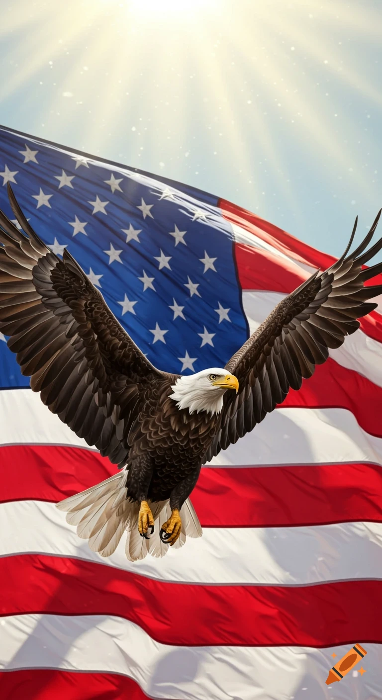 A majestic bald eagle with outstretched wings flies against a backdrop of a waving American flag and a radiant, sunlit sky.