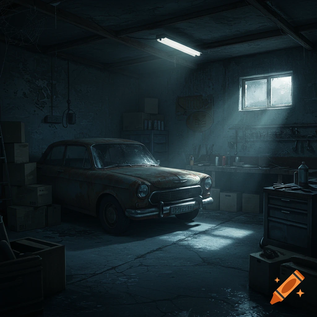 A rusty old car sits in a dark, gloomy garage, illuminated by a single fluorescent light and a window with hazy light.