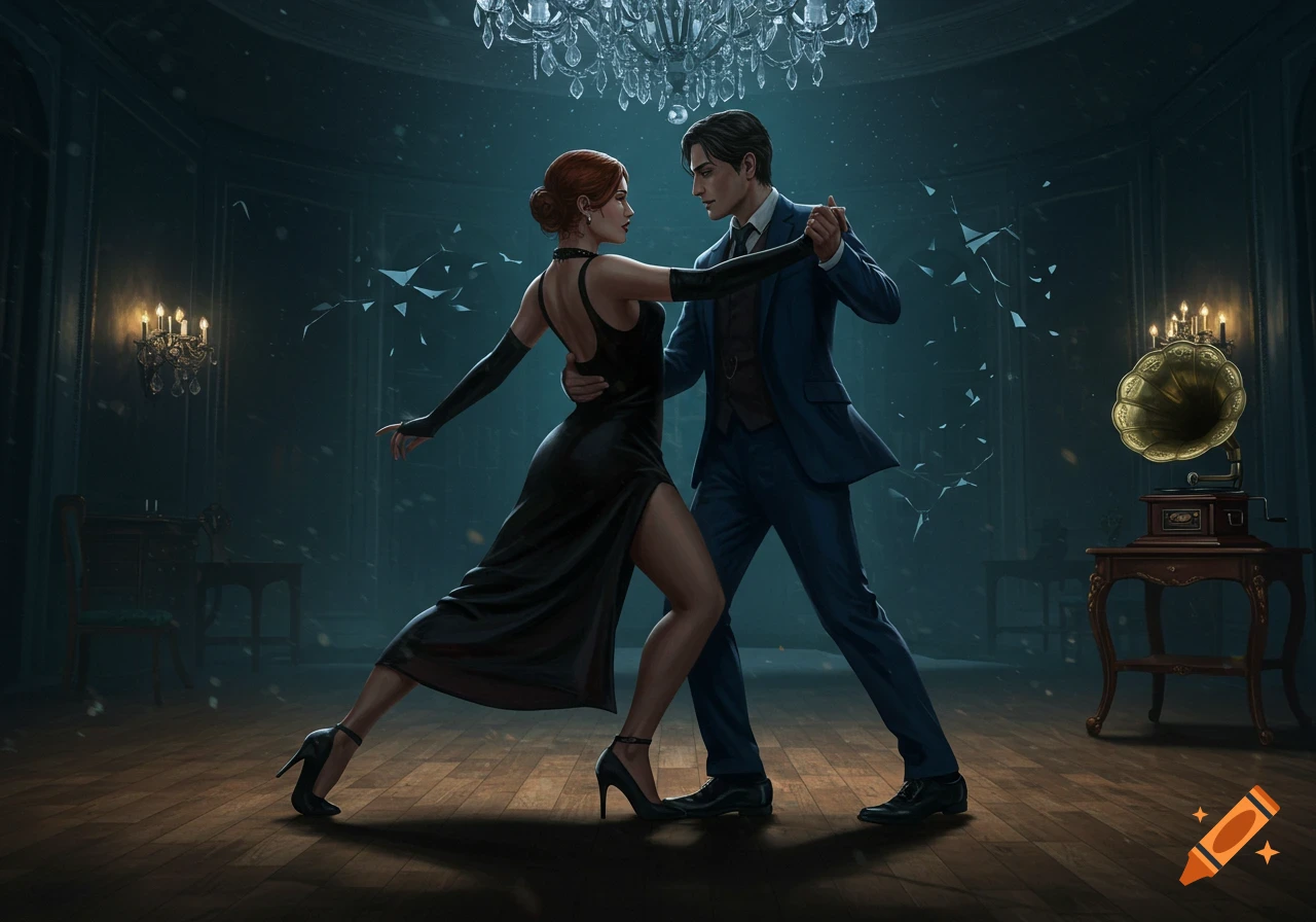 A man in a suit and a woman in a black dress dance tango in a dimly lit, elegant ballroom with a chandelier, digital painting.