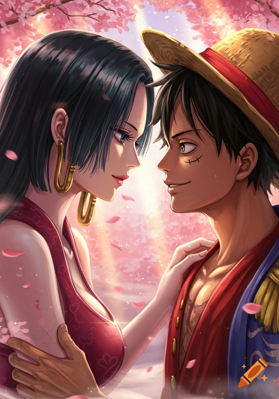 Anime style illustration of Luffy and Hancock looking at each other under a cherry blossom tree.