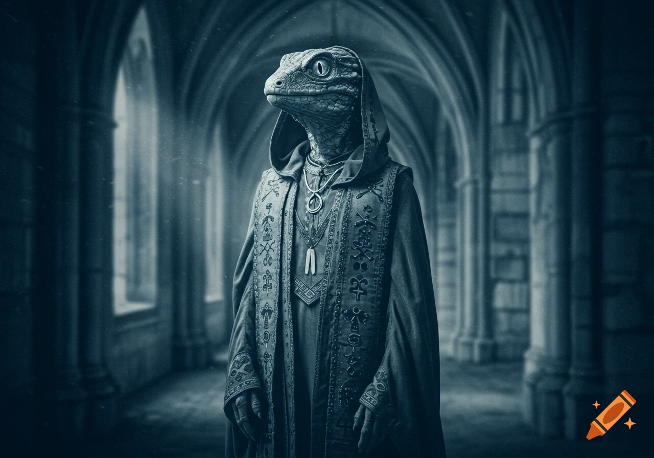 A cyanotype photograph of a fantasy lizard person in cult robes standing in a dark, arched hall.
