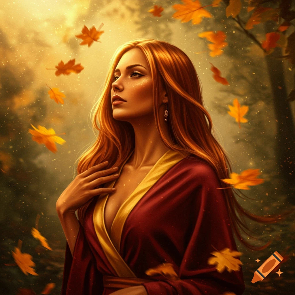 A woman with long red hair and a red and gold dress in a sunlit autumn ...