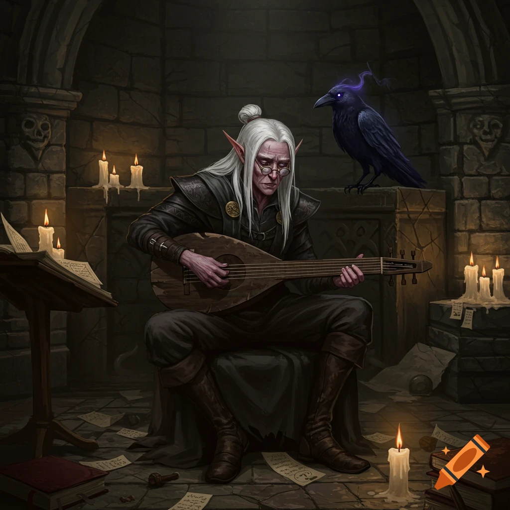 A gaunt elf with long white hair plays a lute in a candlelit ruined stone chamber, with a spectral raven perched behind him. Dark academic robes and a breastplate adorn the elf, surrounded by scattered papers and books. The scene is dark and atmospheric.