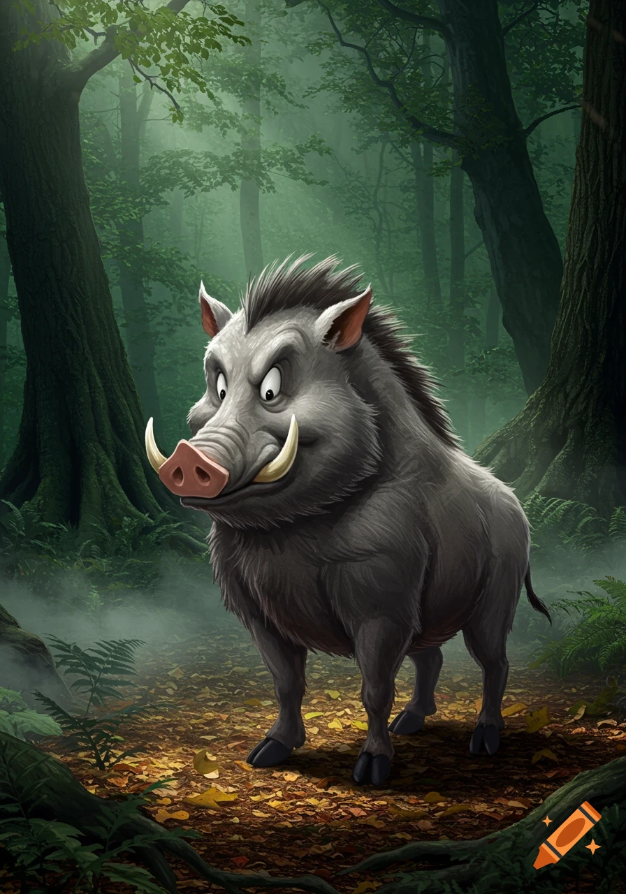 A cartoon wild boar with tusks and a pink snout stands in a misty, dark green forest with dappled light.