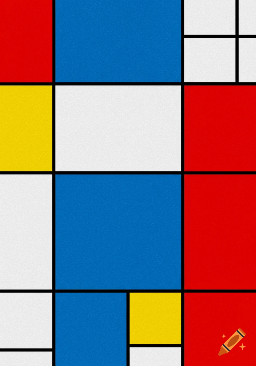Geometric abstract painting in Mondrian style with red, blue, yellow, and white rectangles separated by black lines.