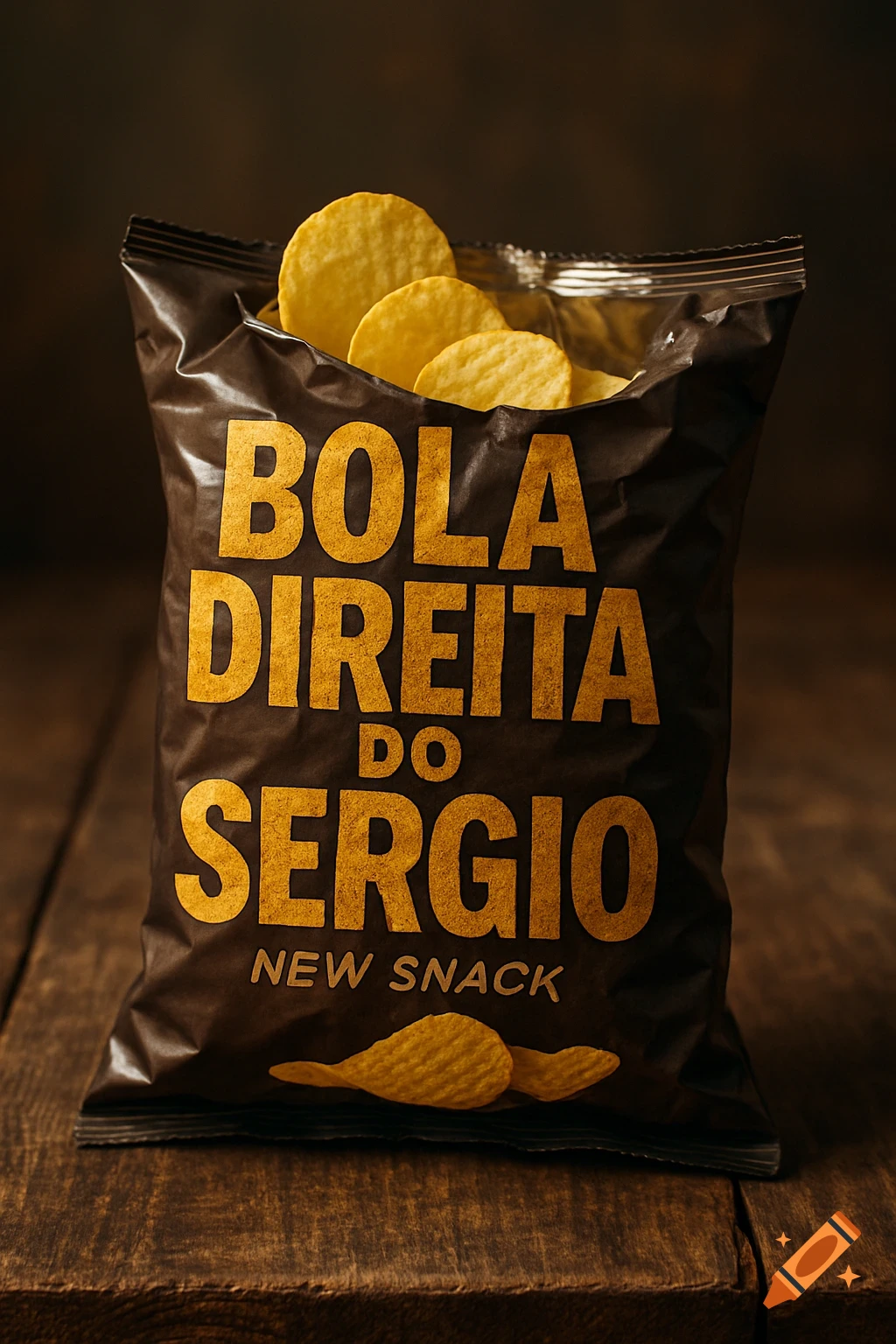 Photorealistic close-up of a brown potato chip bag labeled 'BOLA DIREITA DO SERGIO NEW SNACK' filled with chips, on a wooden table.