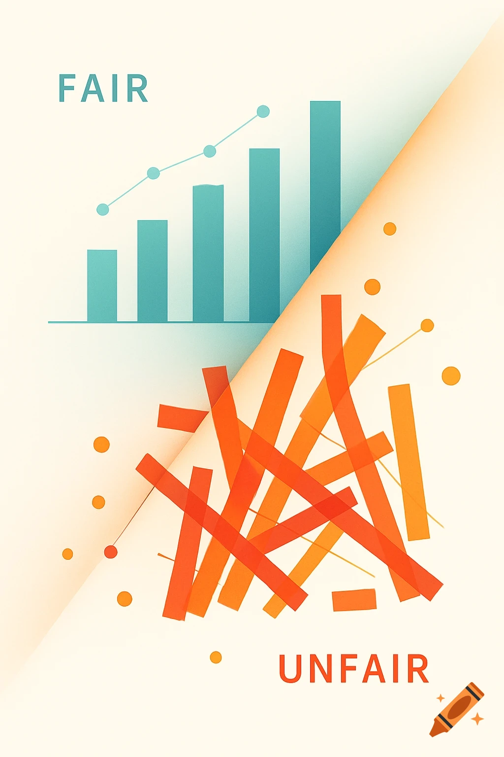 A graphic split diagonally, representing fair vs. unfair. Top shows a blue bar chart with 'FAIR', bottom shows chaotic orange shapes with 'UNFAIR'.