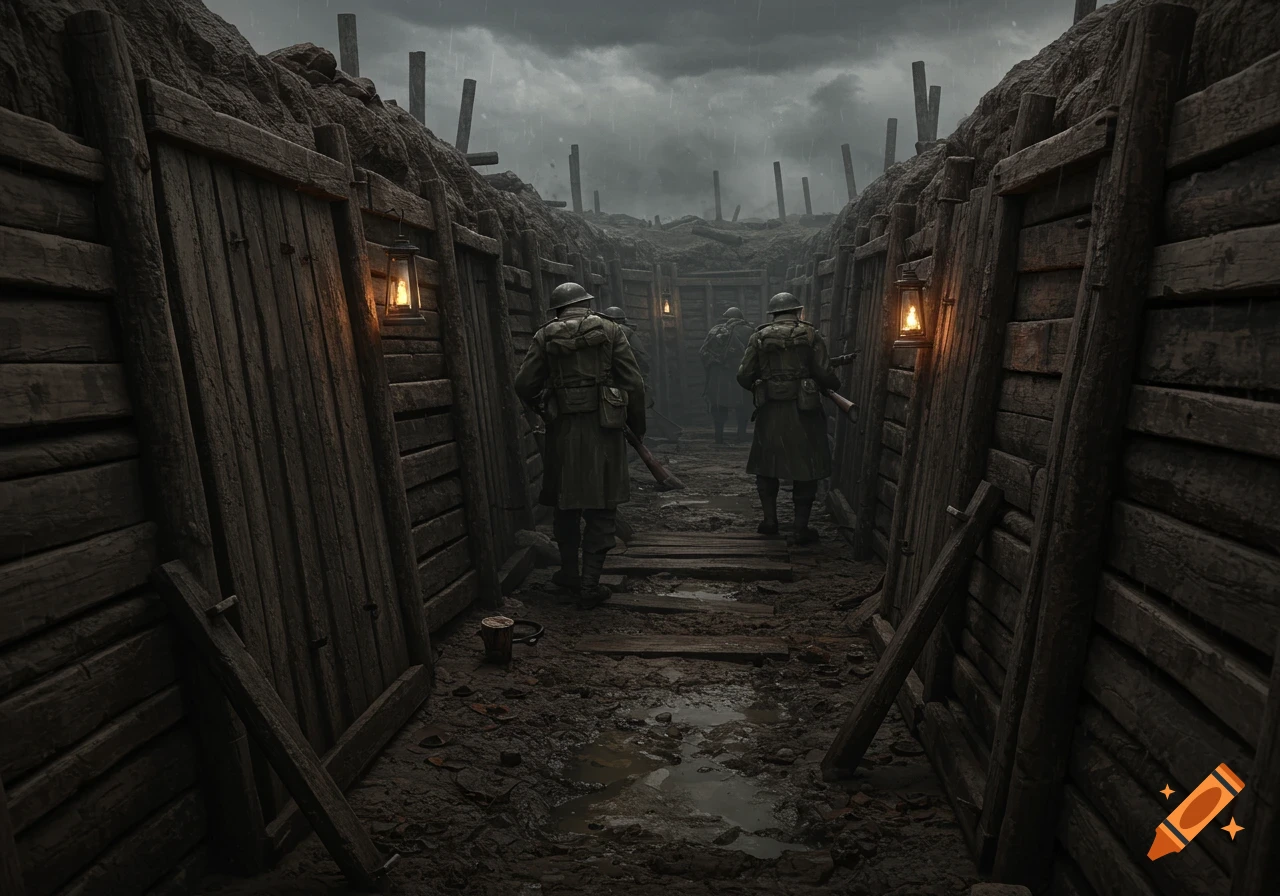 Two soldiers walk through a muddy, lantern-lit WWI trench under a dark, cloudy sky, with more soldiers visible in the distance.