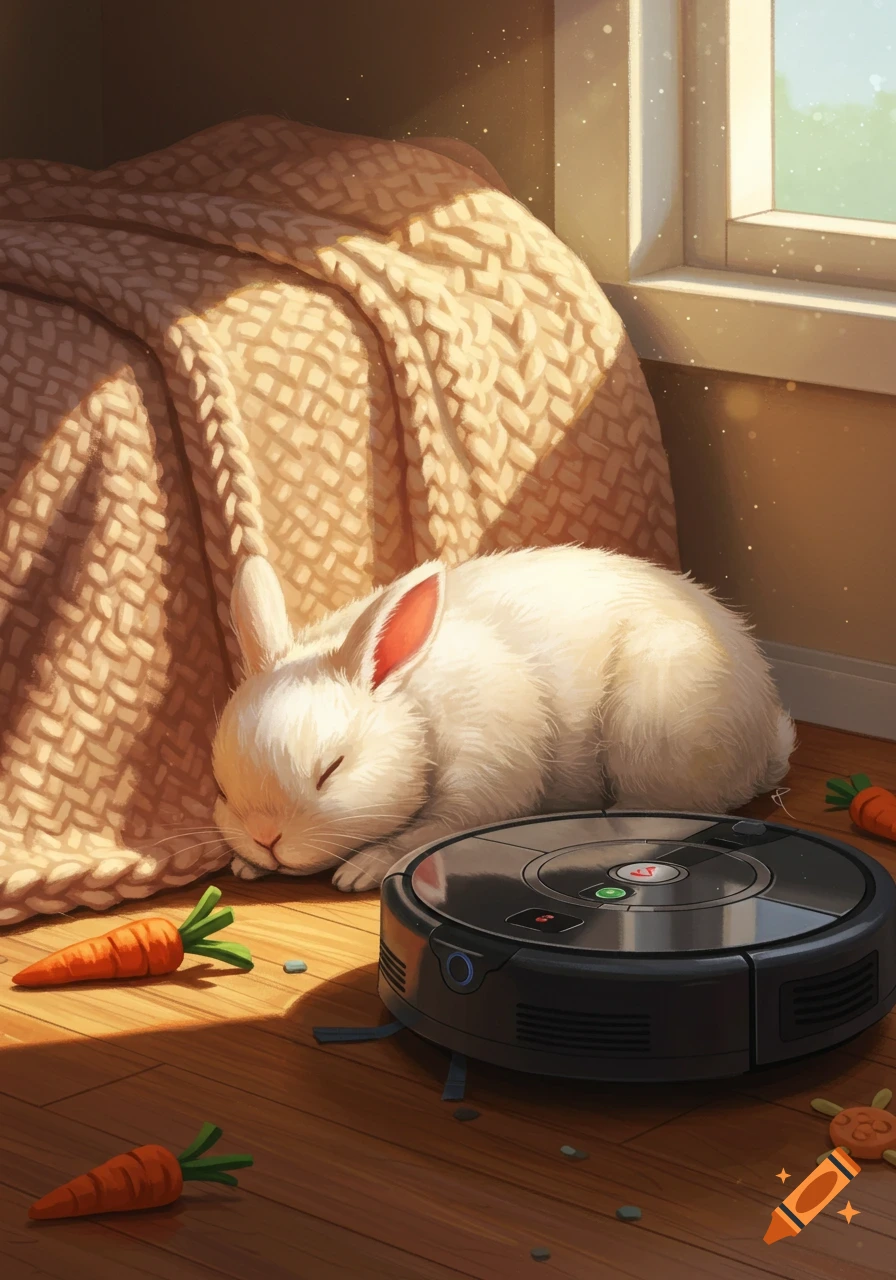 A fluffy white rabbit sleeps soundly next to a black robot vacuum cleaner and scattered carrots on a sunlit wooden floor.