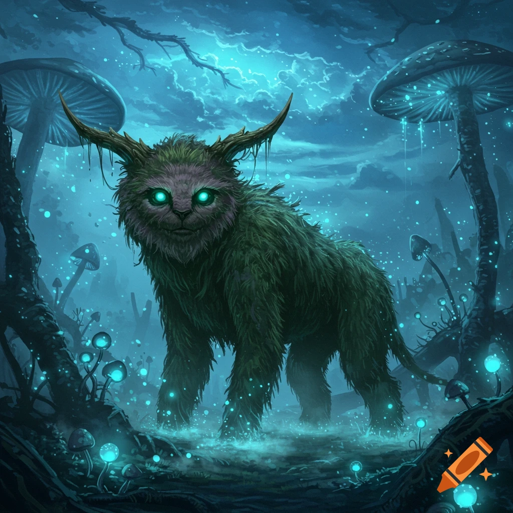A mossy, horned creature with glowing green eyes stands in a dark, bioluminescent fantasy forest with glowing blue mushrooms.