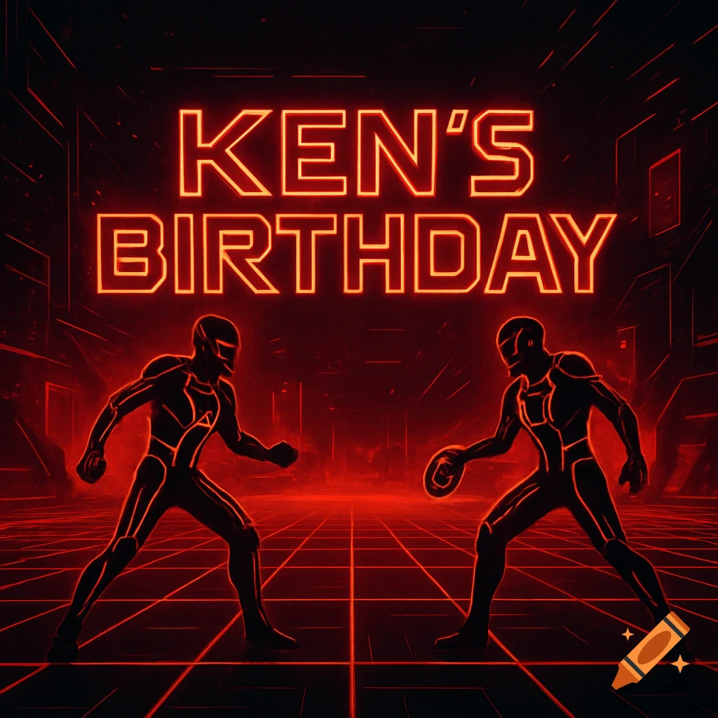 Two neon red Tron-style figures face off in a futuristic grid, with 'KEN'S BIRTHDAY' glowing above.