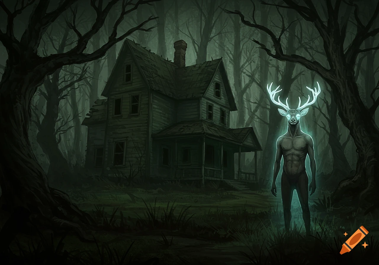 A glowing, muscular, deer-headed figure stands in a dark, eerie forest before an abandoned house. Dark fantasy illustration.