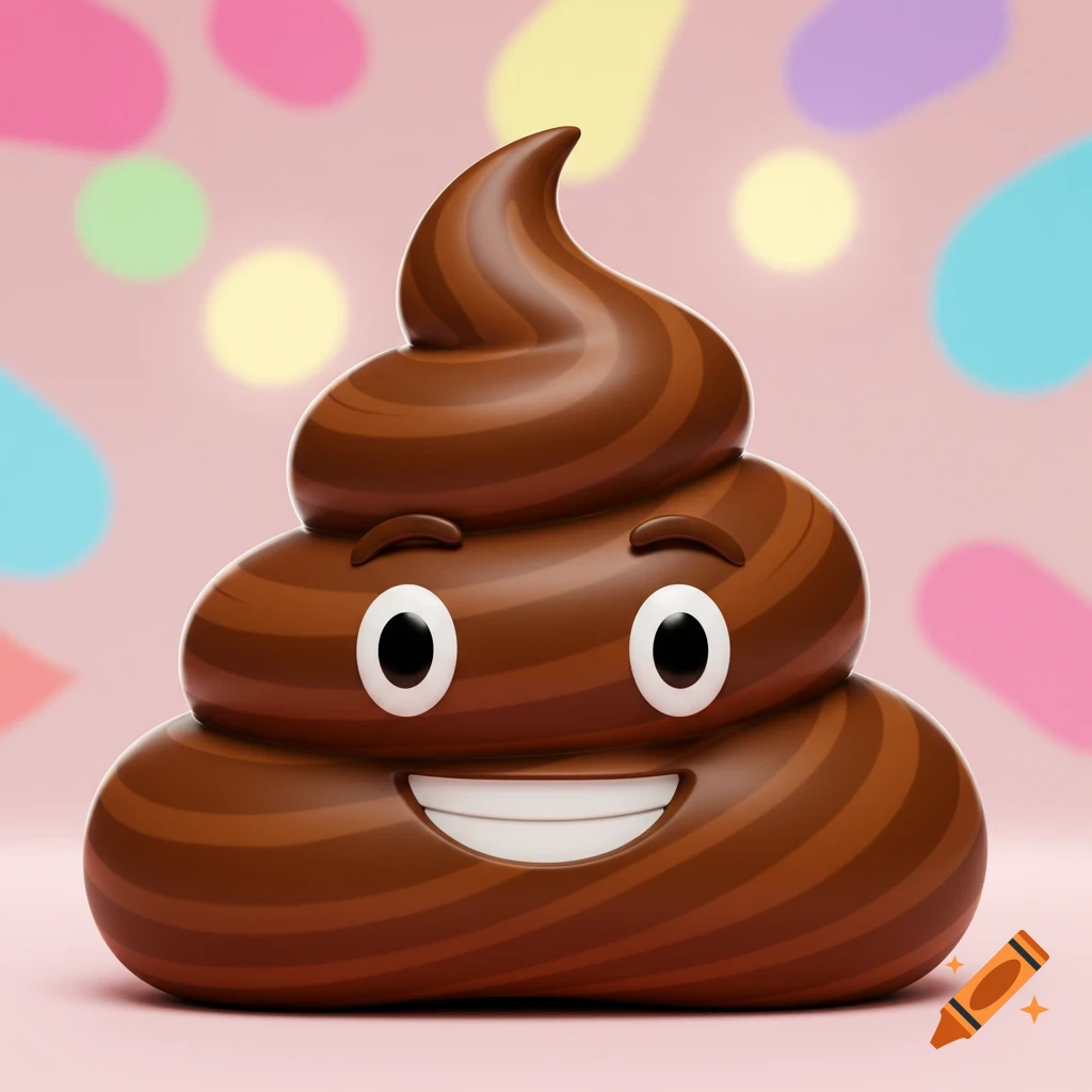 A smiling 3D poop emoji on a pink background with blurred colorful shapes.