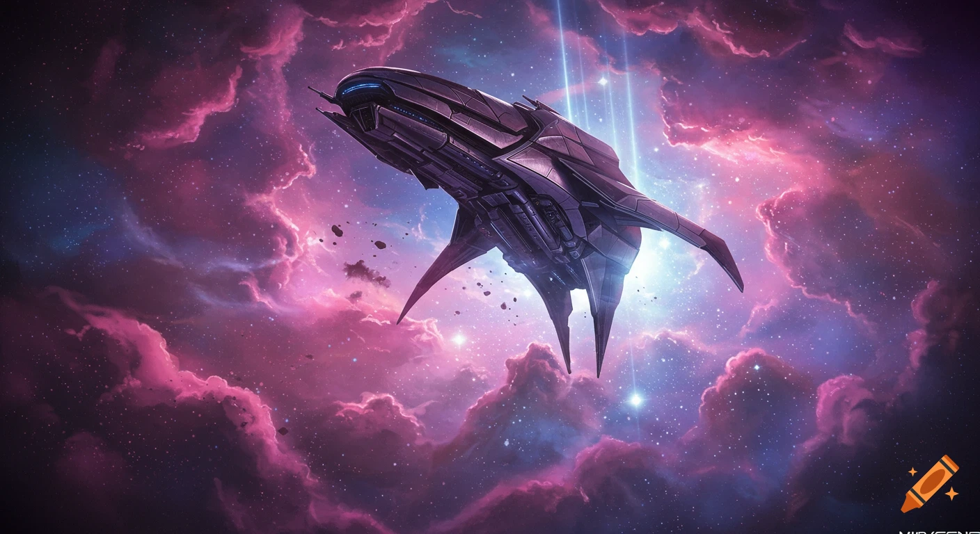 A futuristic dark spaceship with sharp angles floats in a vibrant pink and purple nebula with blue light beams.